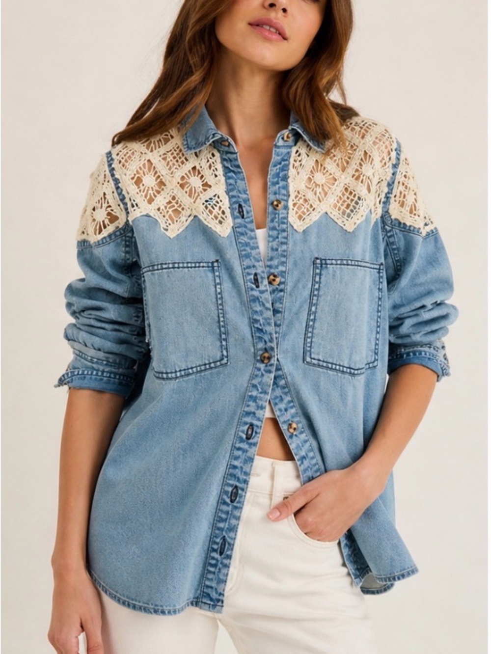Free People We The Free Lace Embroidered Denim Shirt Boho Size XS P2P 22’ NWOT